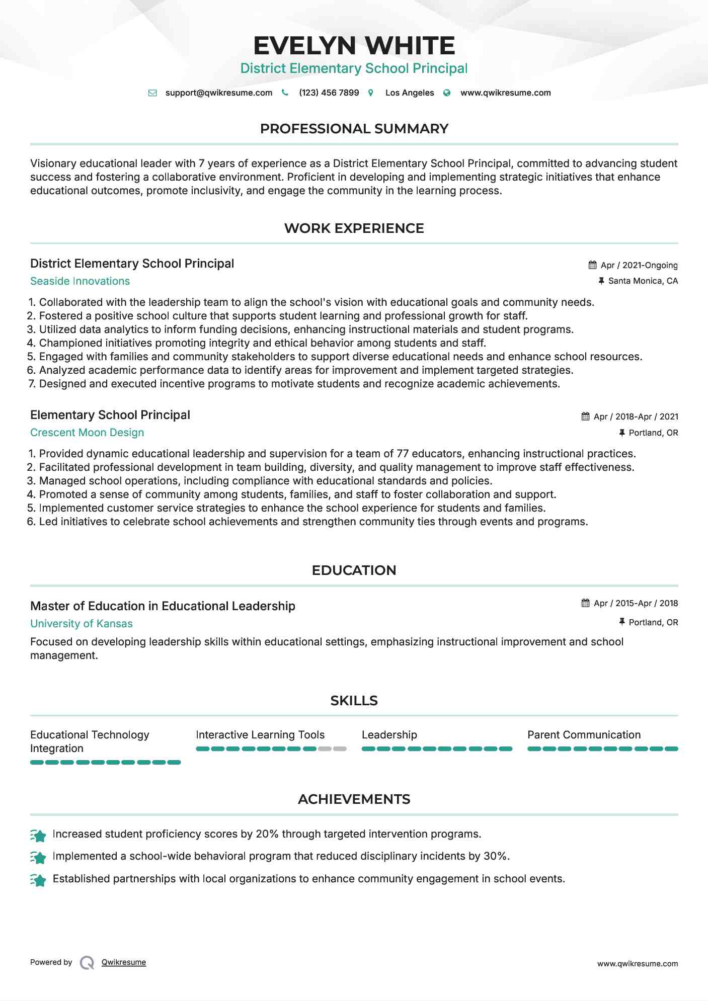 District Elementary School Principal Resume Template