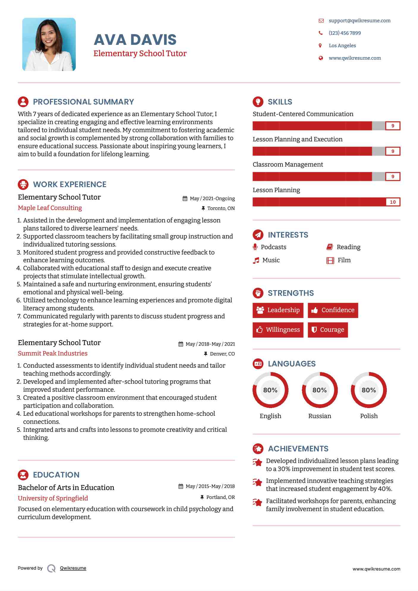 Elementary School Tutor Resume Example