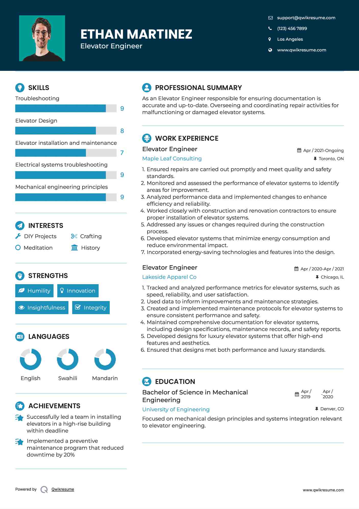 Elevator Engineer Resume Sample