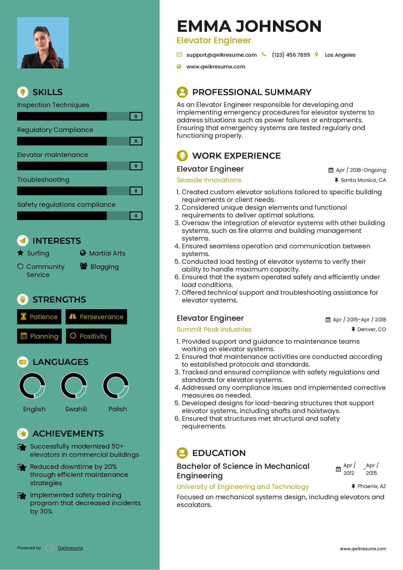 Elevator Engineer Resume Sample