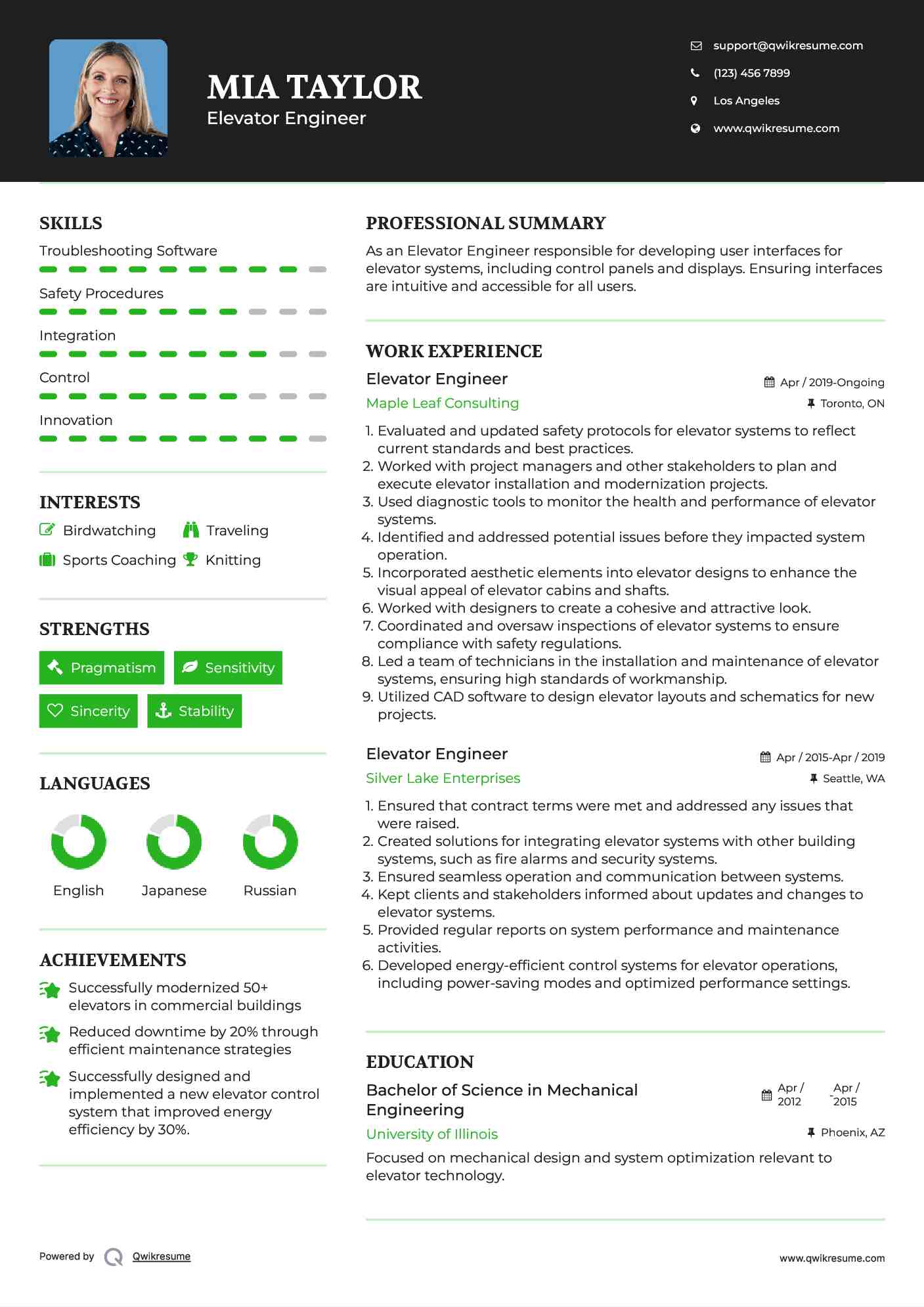 Elevator Engineer Resume Sample
