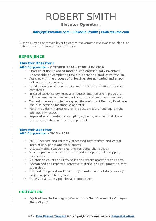 Elevator Operator Resume Samples QwikResume