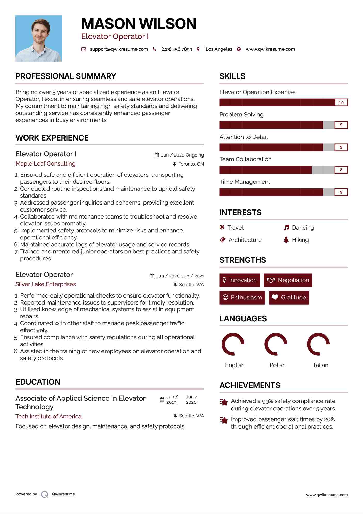 Elevator Operator Resume Samples QwikResume