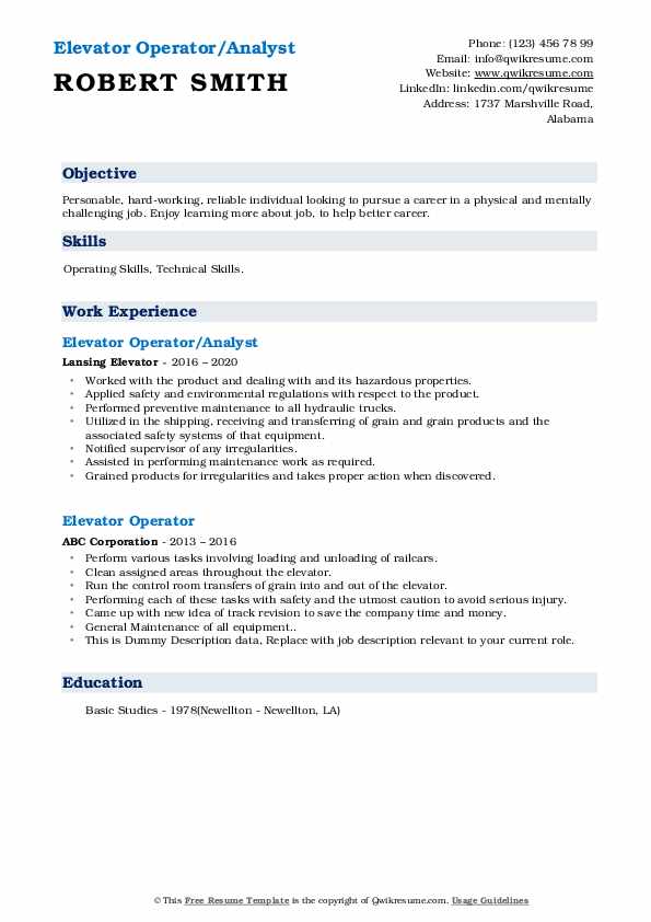 Elevator Operator Resume Samples QwikResume