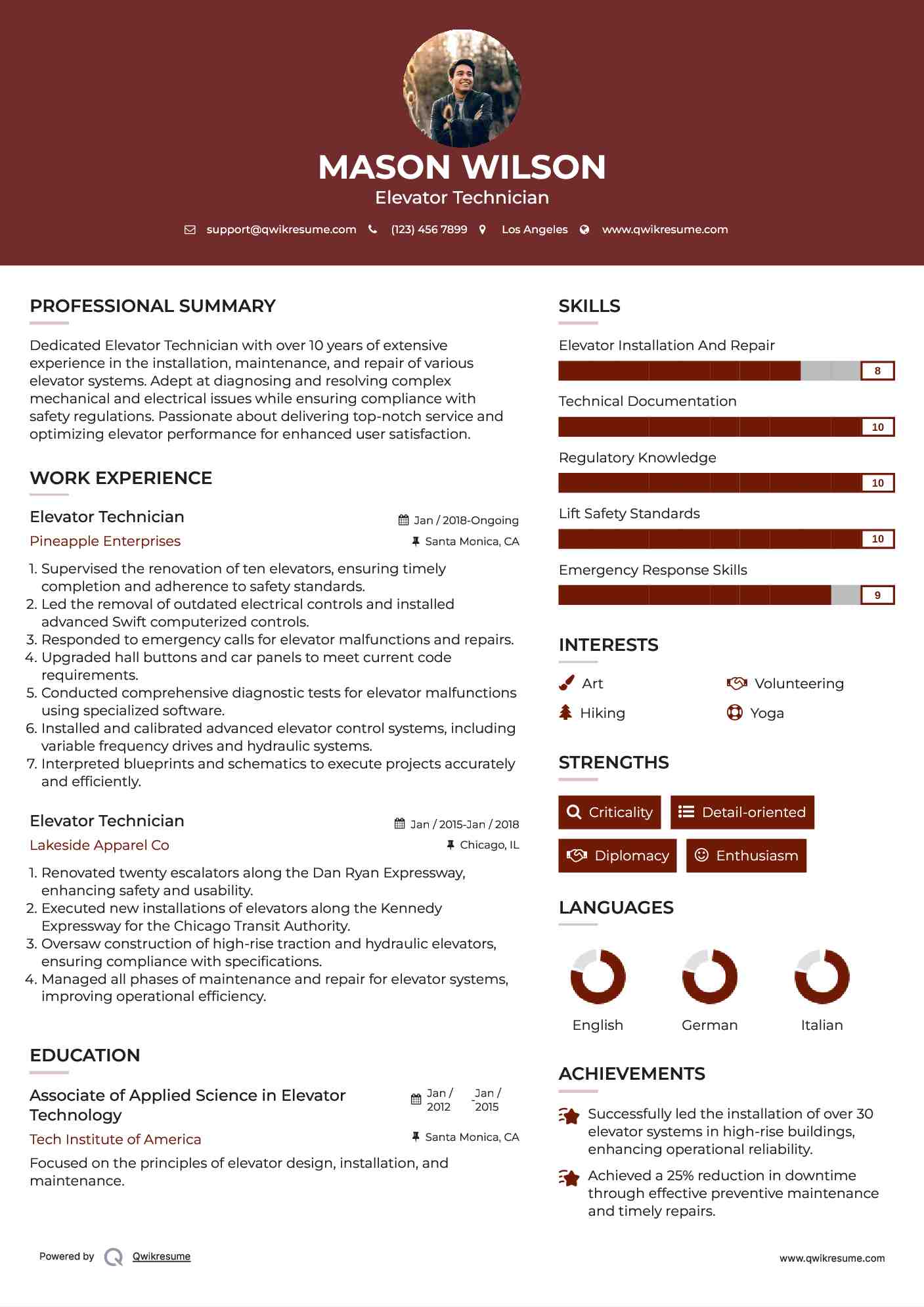 Elevator Technician Resume Samples QwikResume