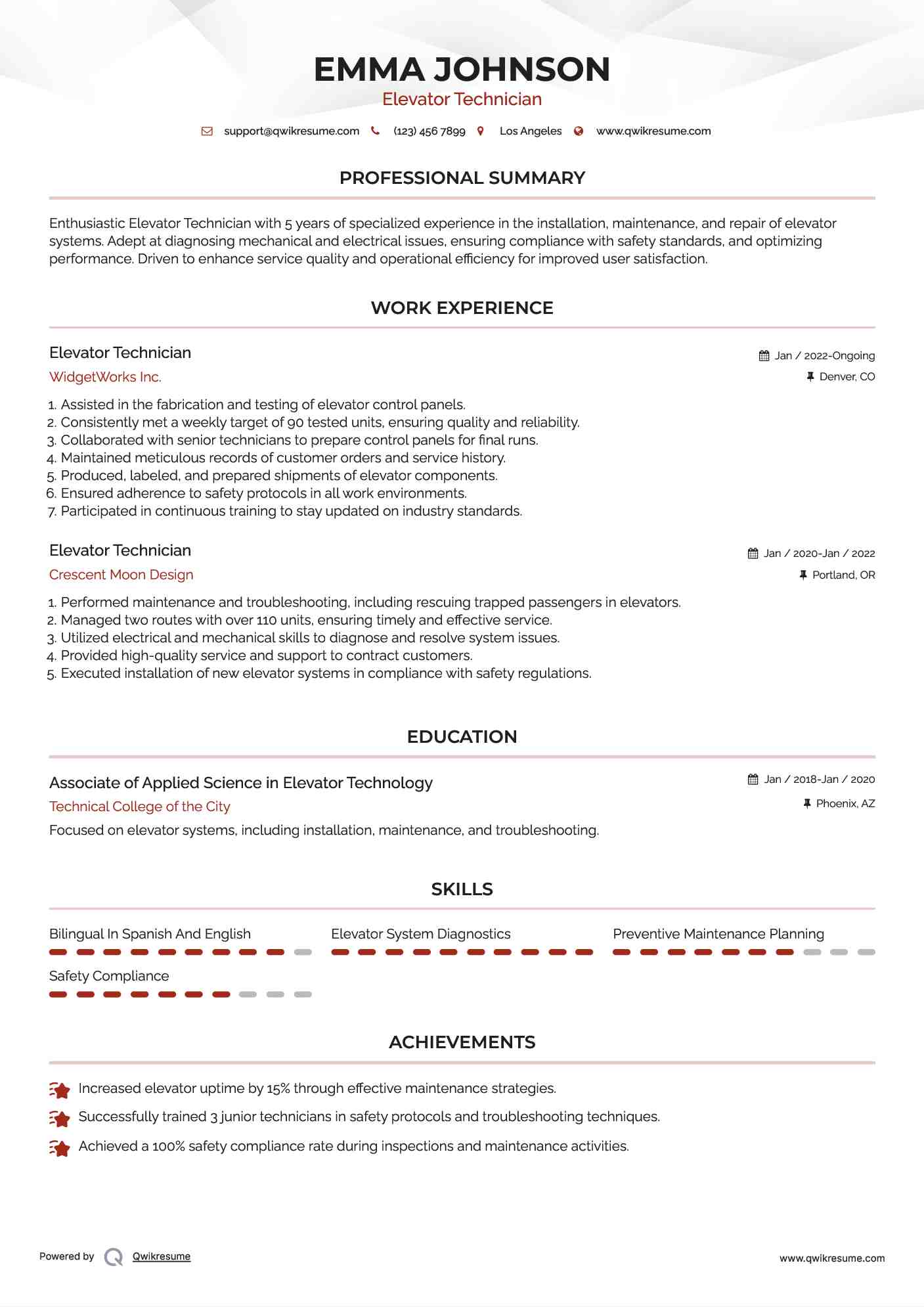 Elevator Technician Resume Samples QwikResume