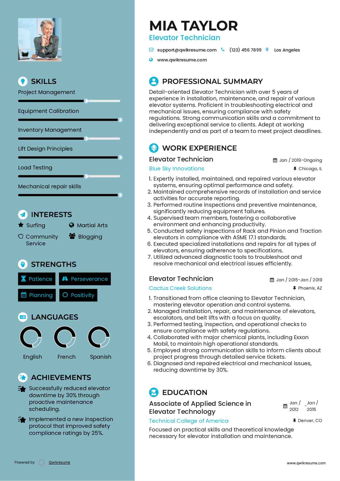Elevator Technician Resume Model