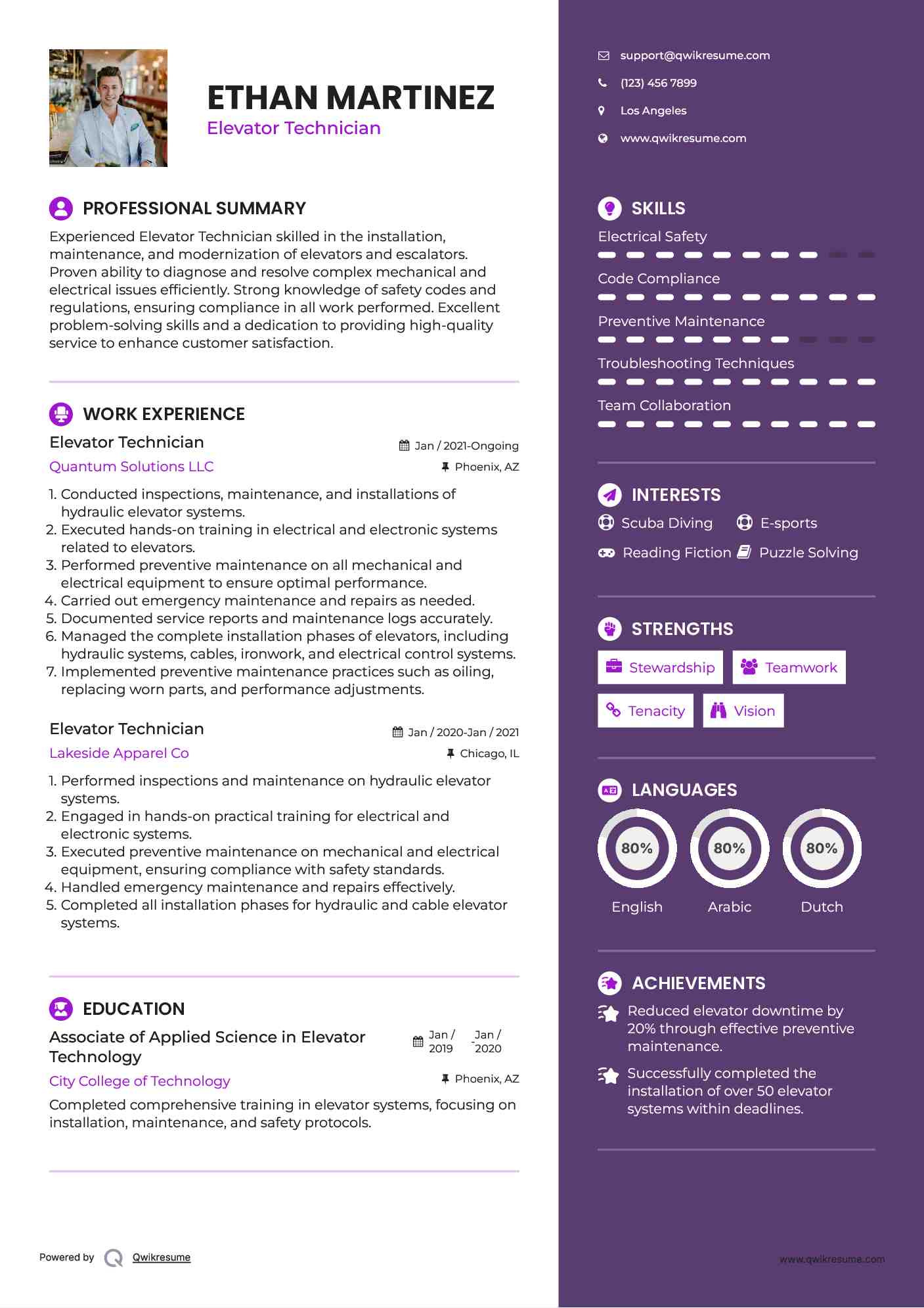 Elevator Technician Resume Samples QwikResume