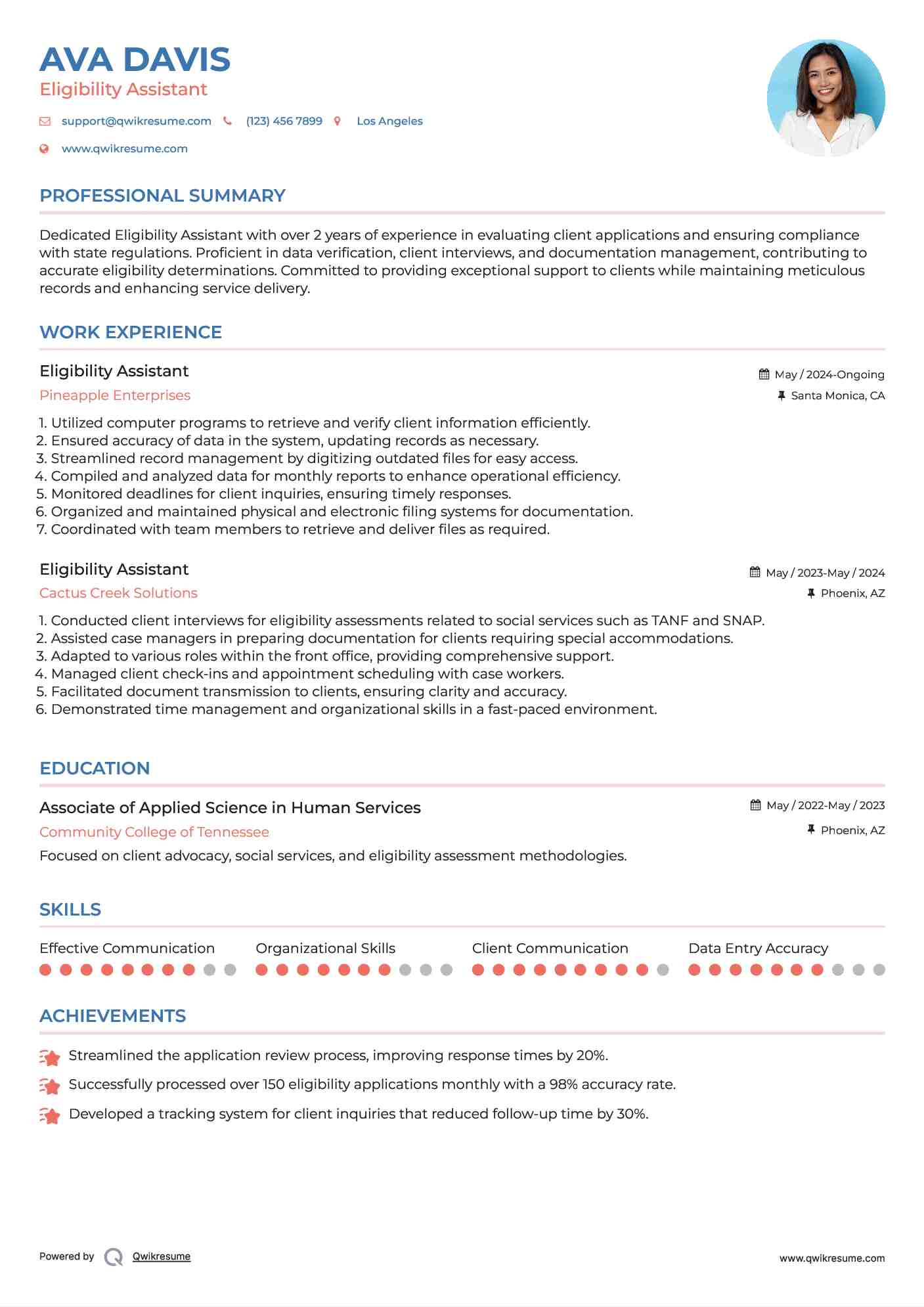 Eligibility Assistant Resume Example