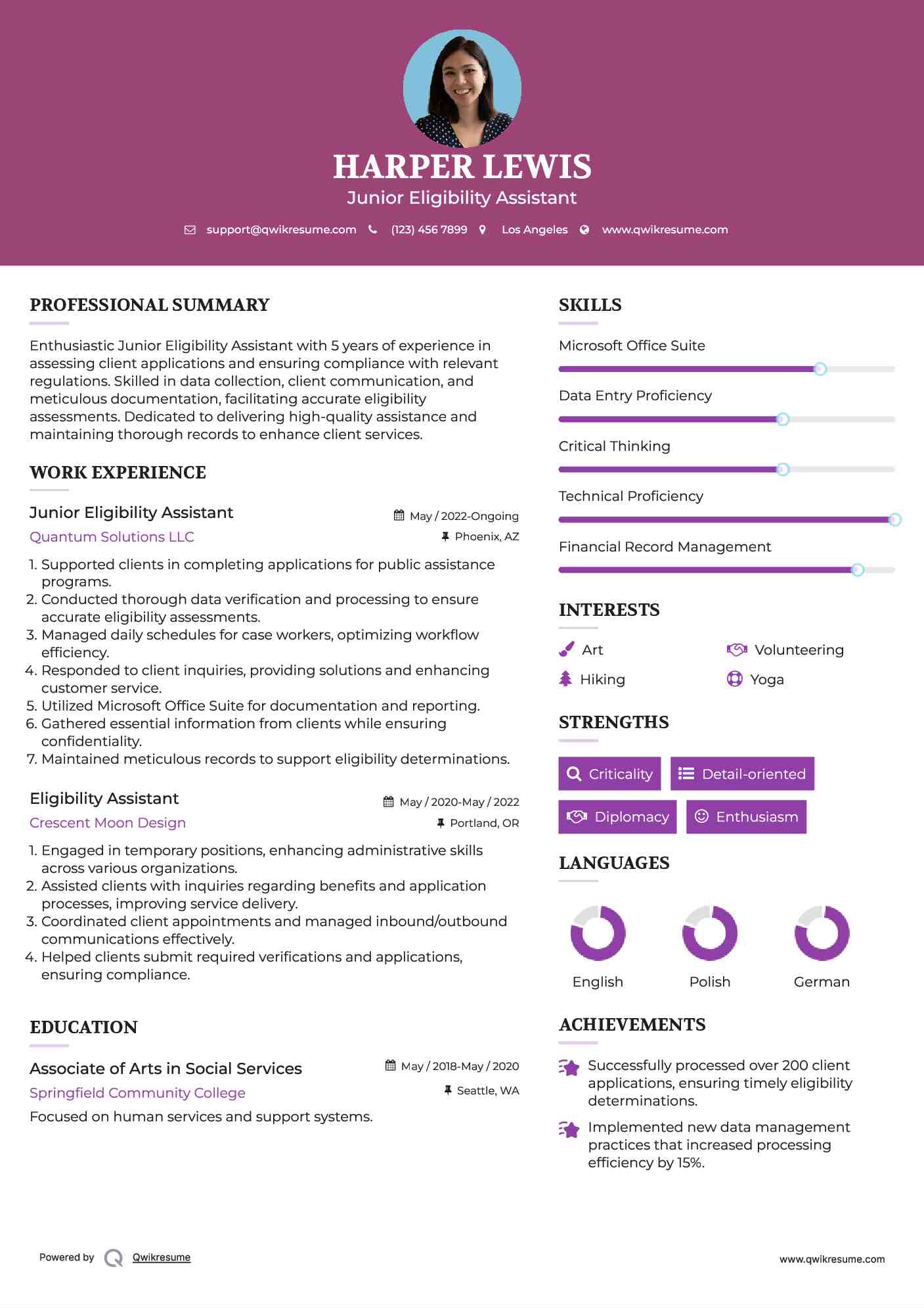 Junior Eligibility Assistant Resume Model