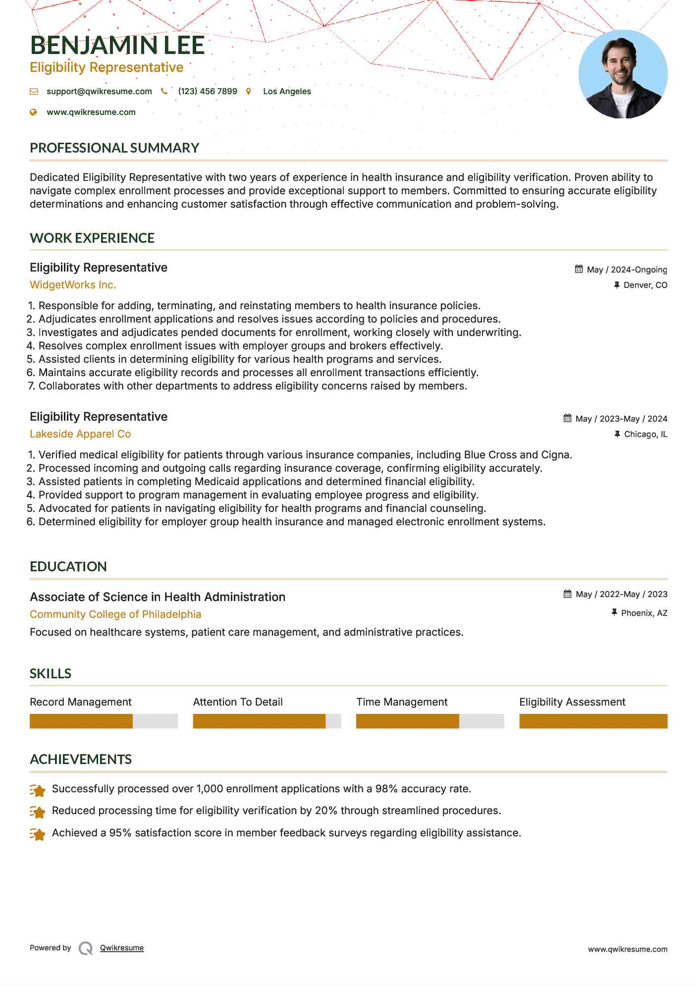 Eligibility Representative Resume Template