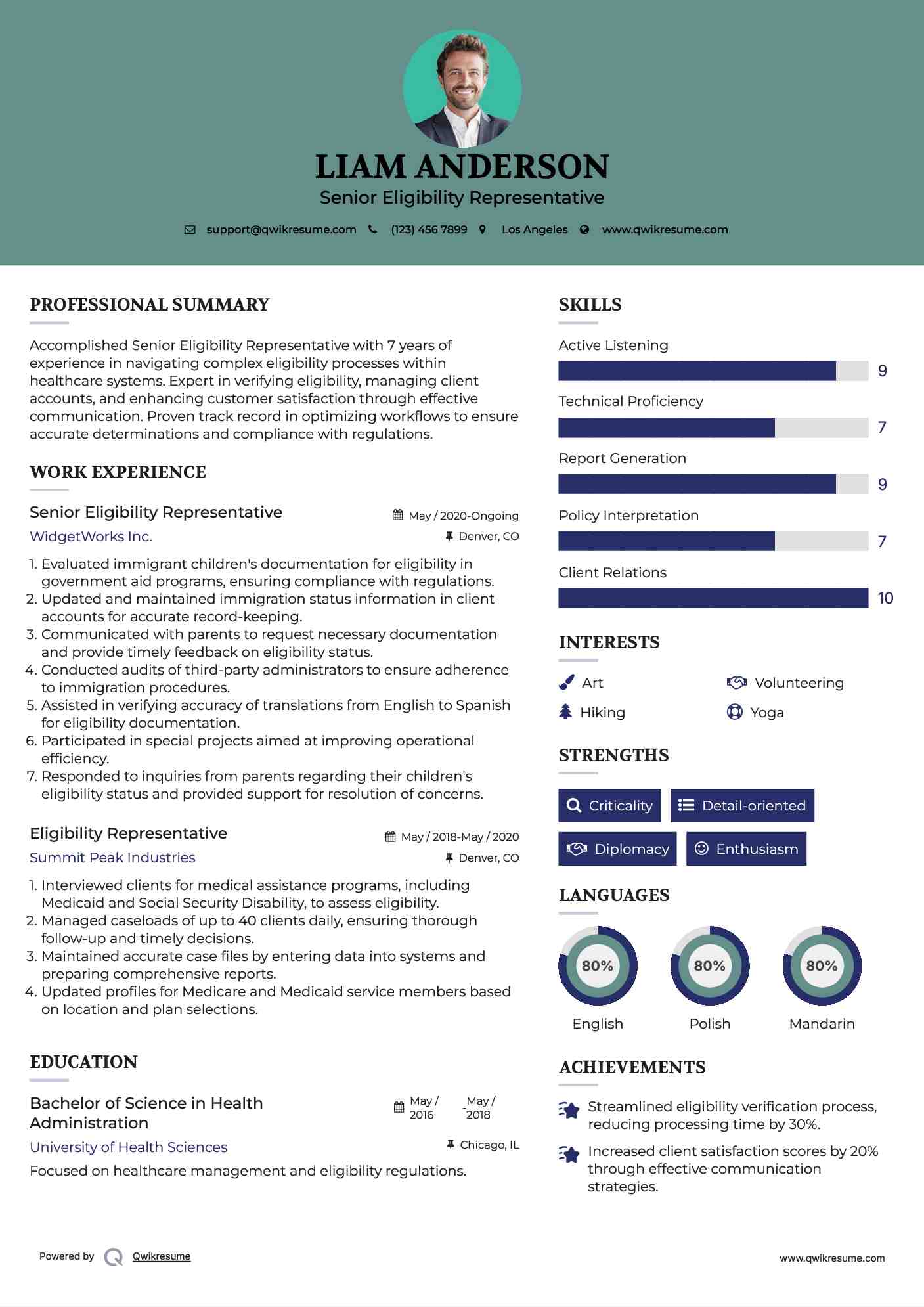 Senior Eligibility Representative Resume Example