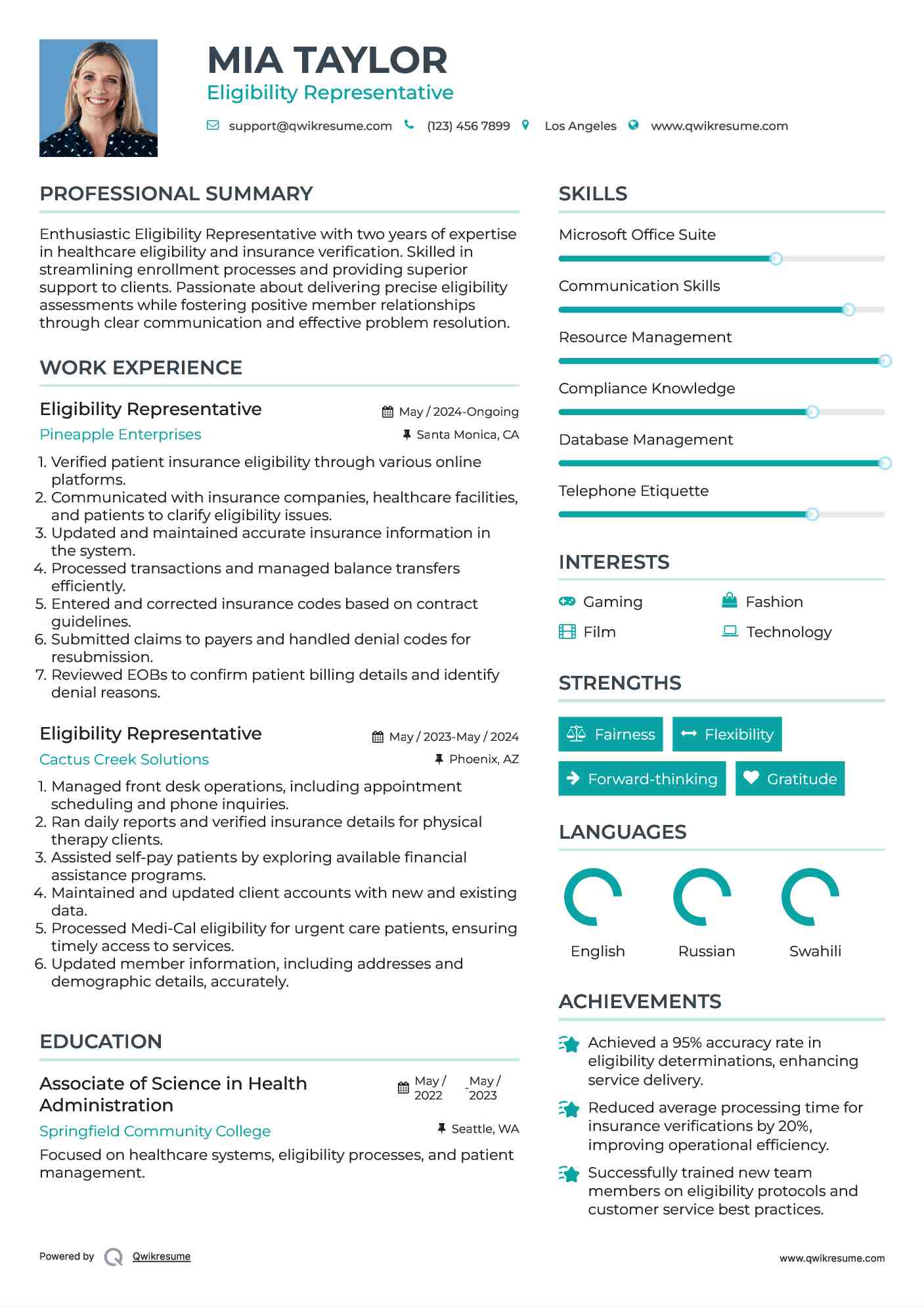 Eligibility Representative Resume Model