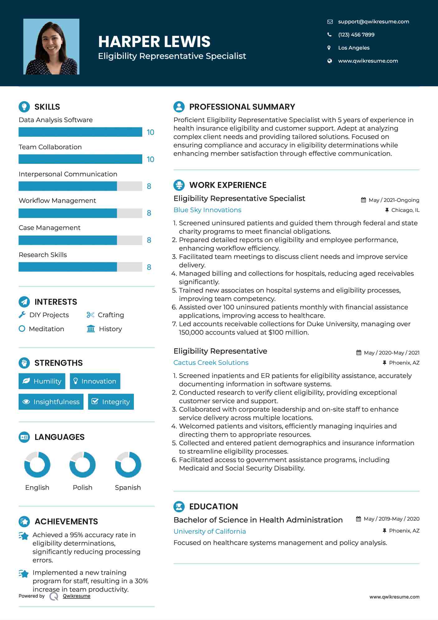 Eligibility Representative Specialist Resume Example