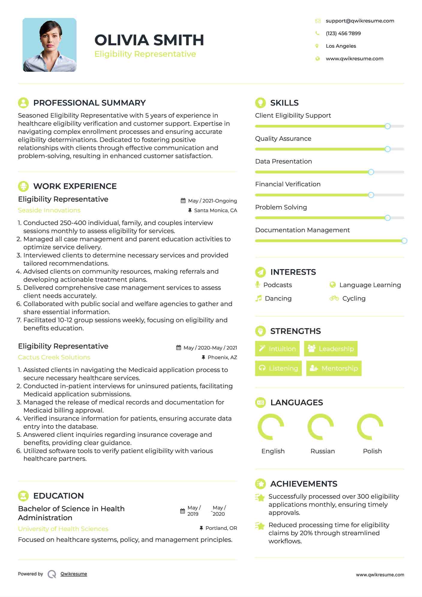 Eligibility Representative Resume Example