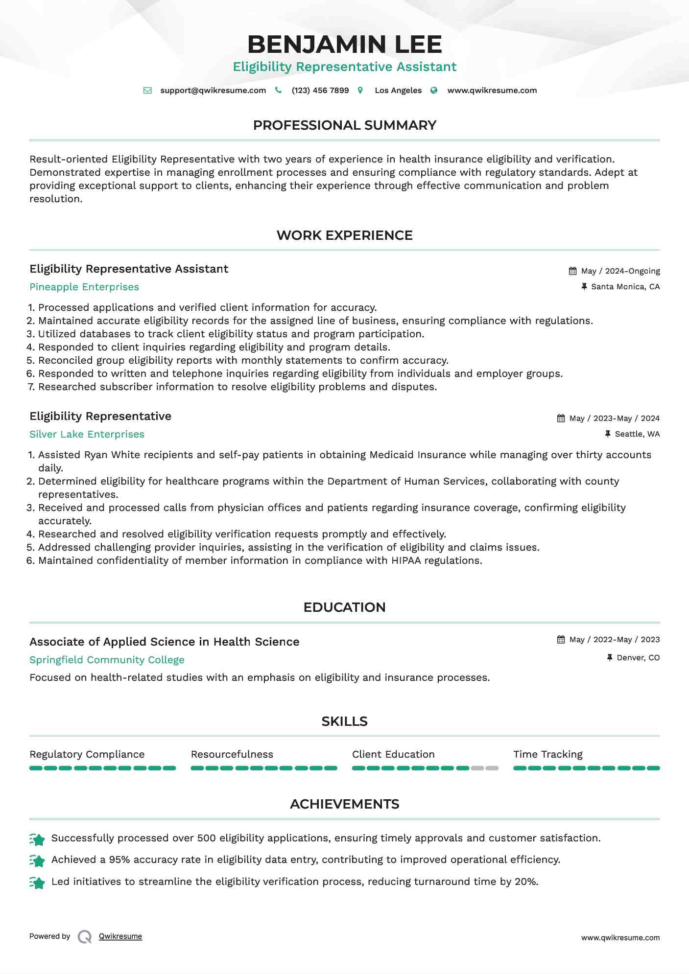 Eligibility Representative Assistant Resume Template