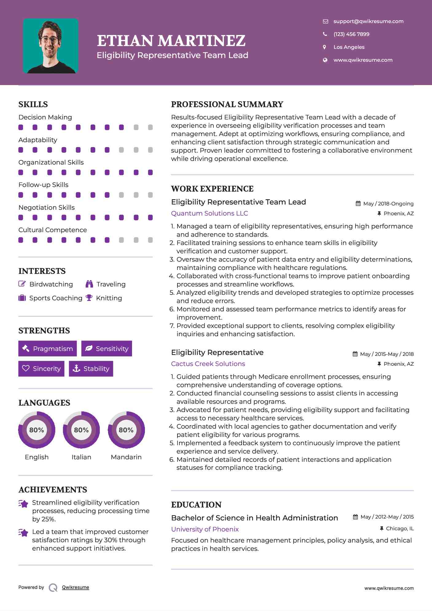 Eligibility Representative Team Lead Resume Sample