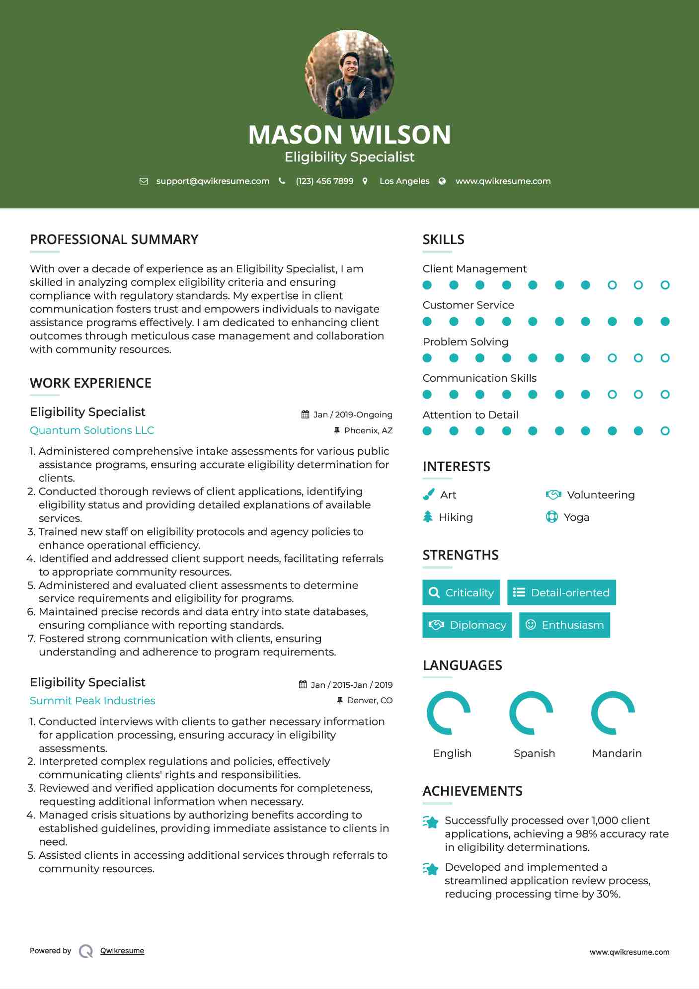 Eligibility Specialist Resume Example