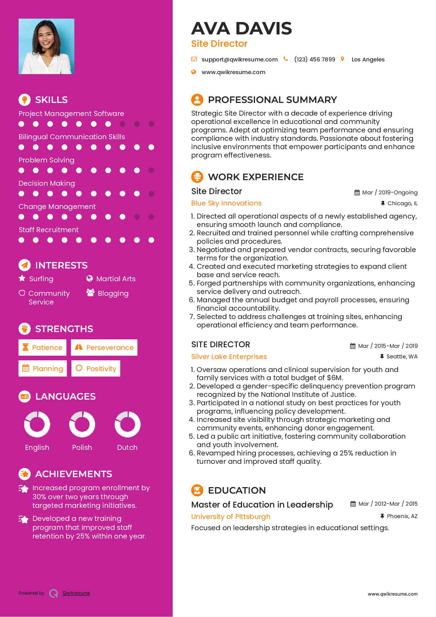 Site Director Resume Model