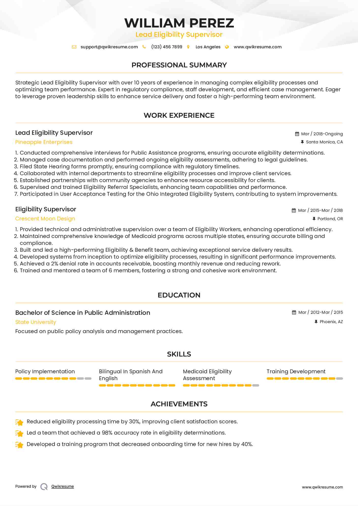 Lead Eligibility Supervisor  Resume Sample