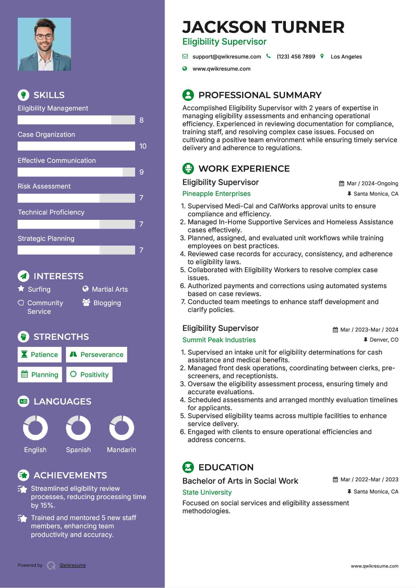 Eligibility Supervisor Resume Example