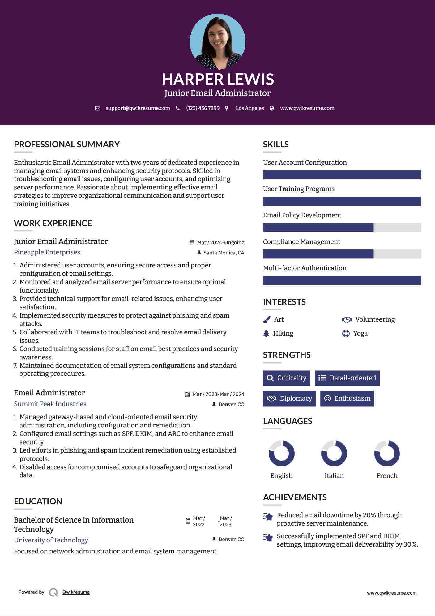 Junior Email Administrator Resume Sample