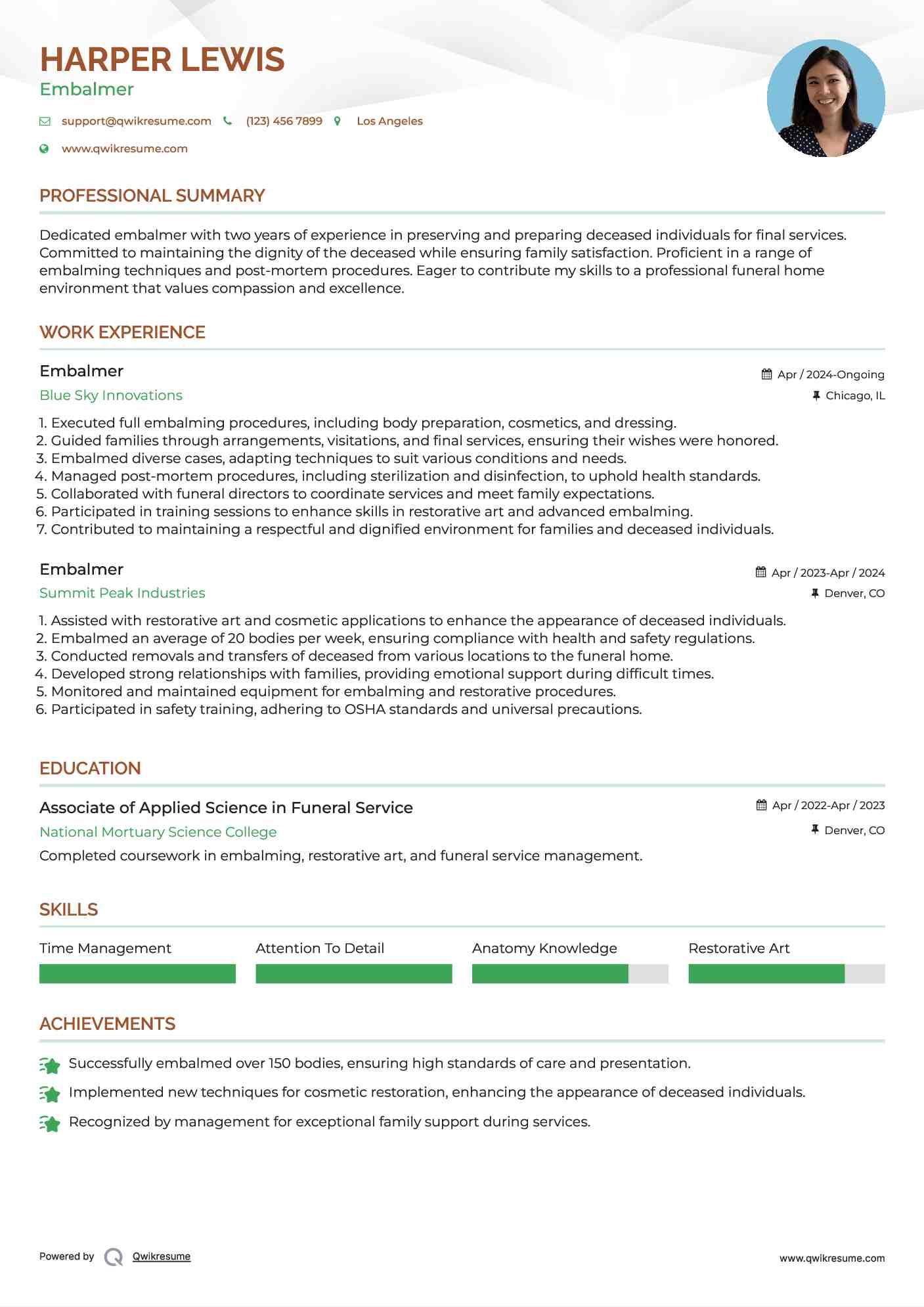Embalmer Resume Model