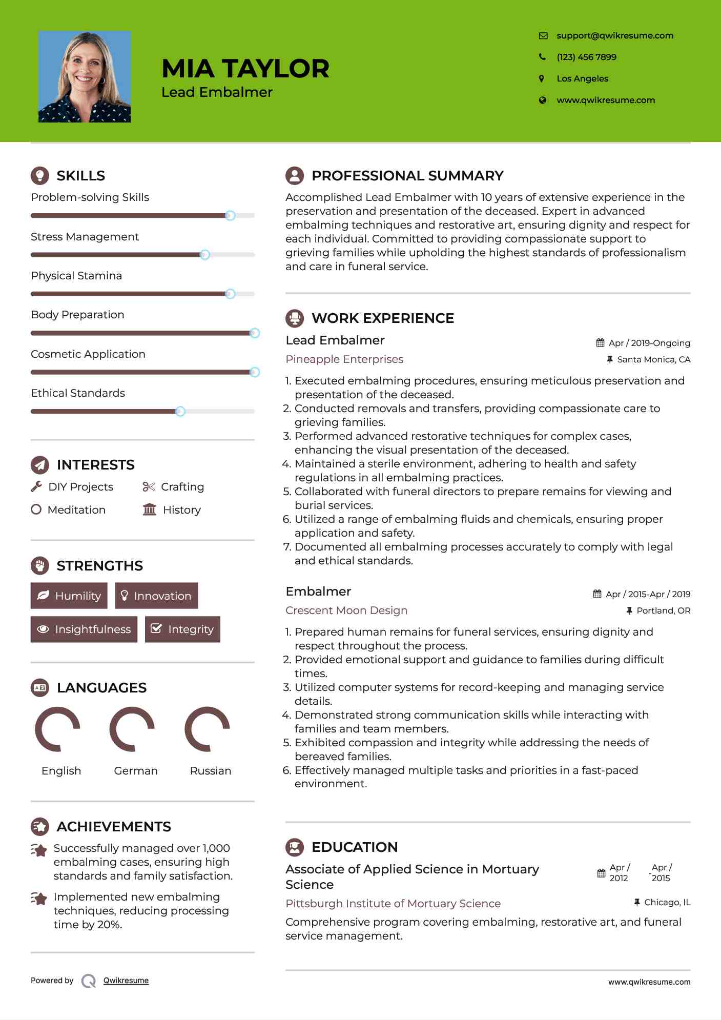 Lead Embalmer Resume Model