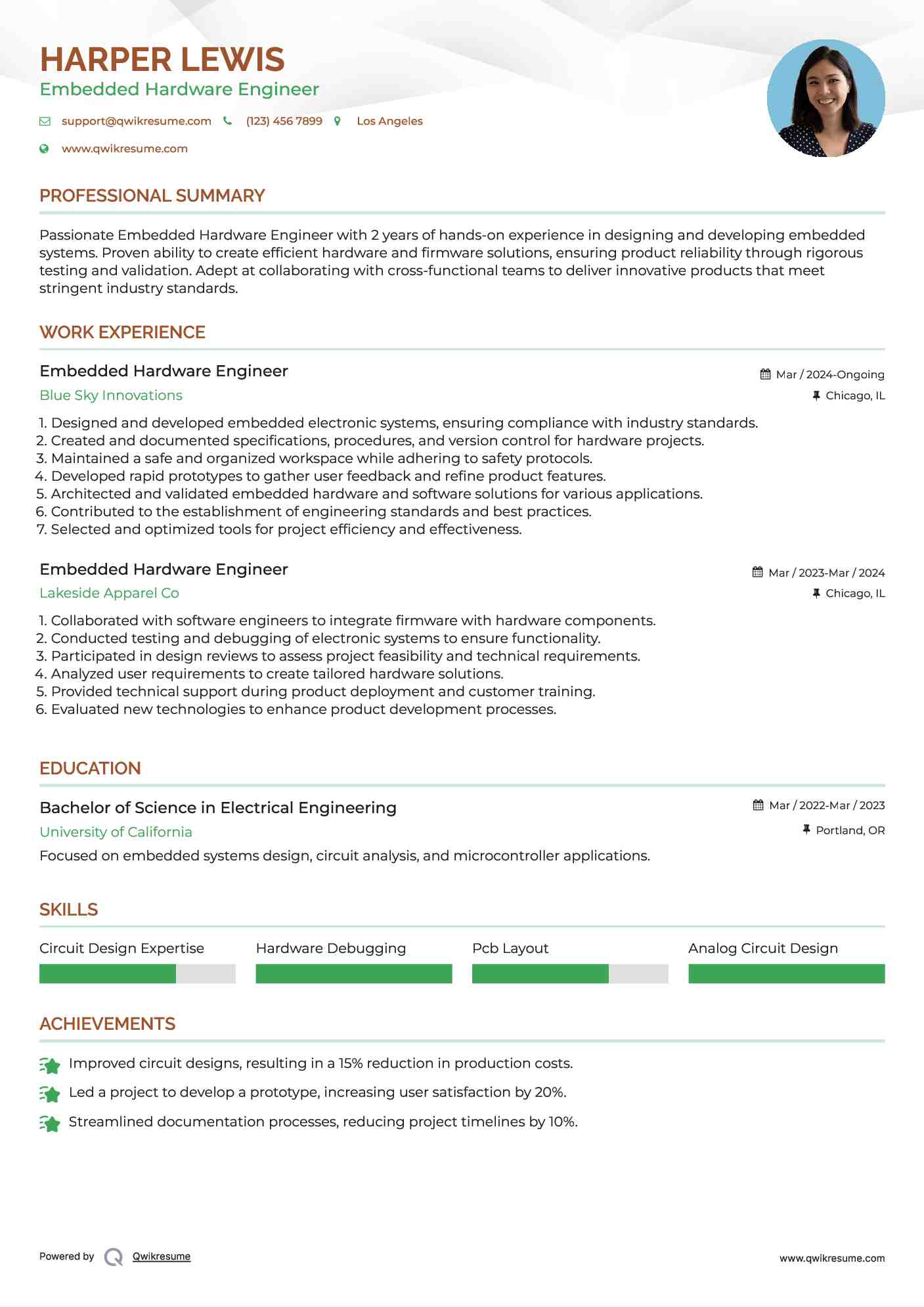 Embedded Hardware Engineer Resume Example