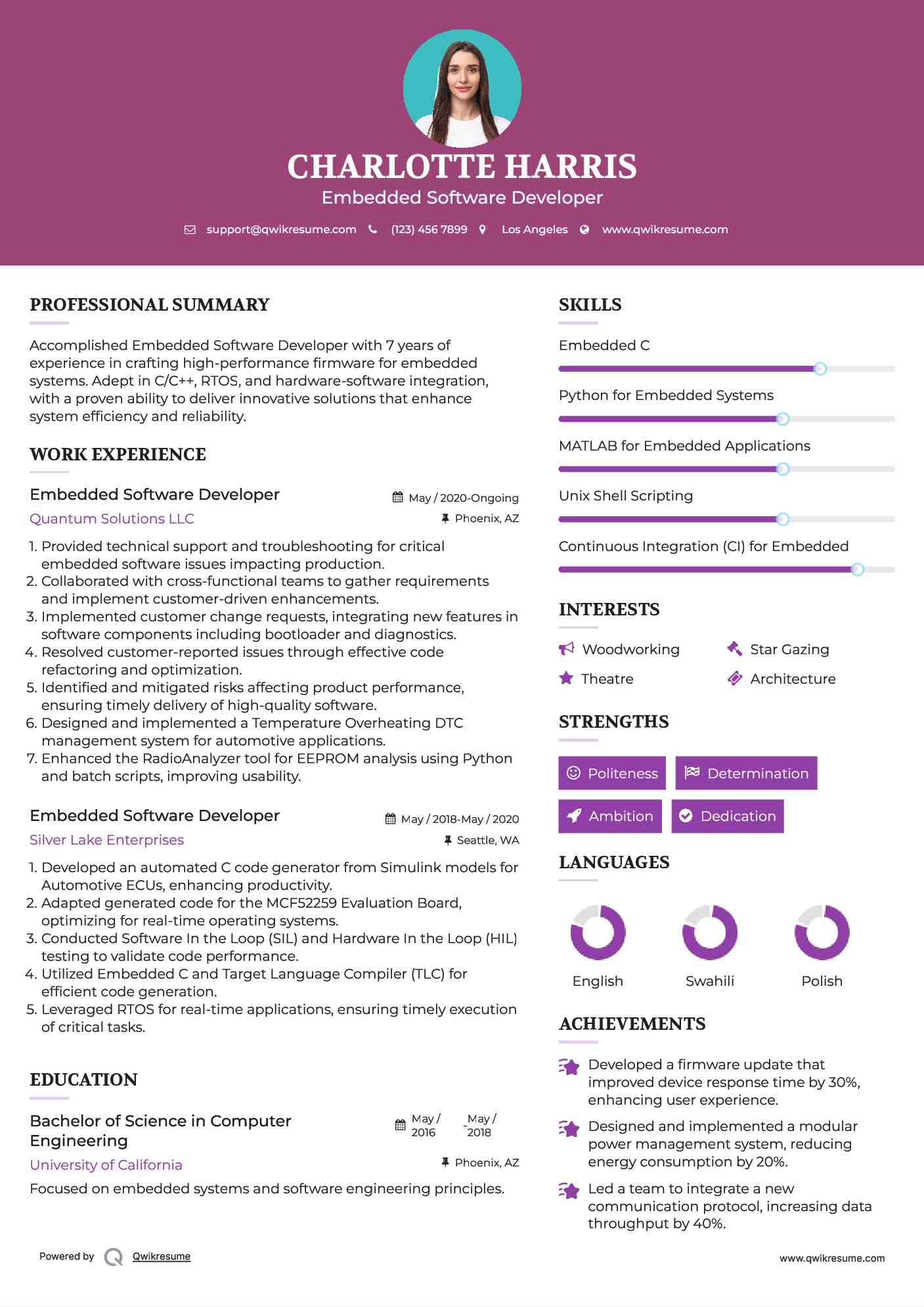 Embedded Software Developer Resume Sample