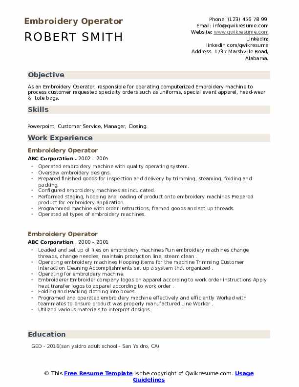 Embroidery operator resume samples  qwikresume