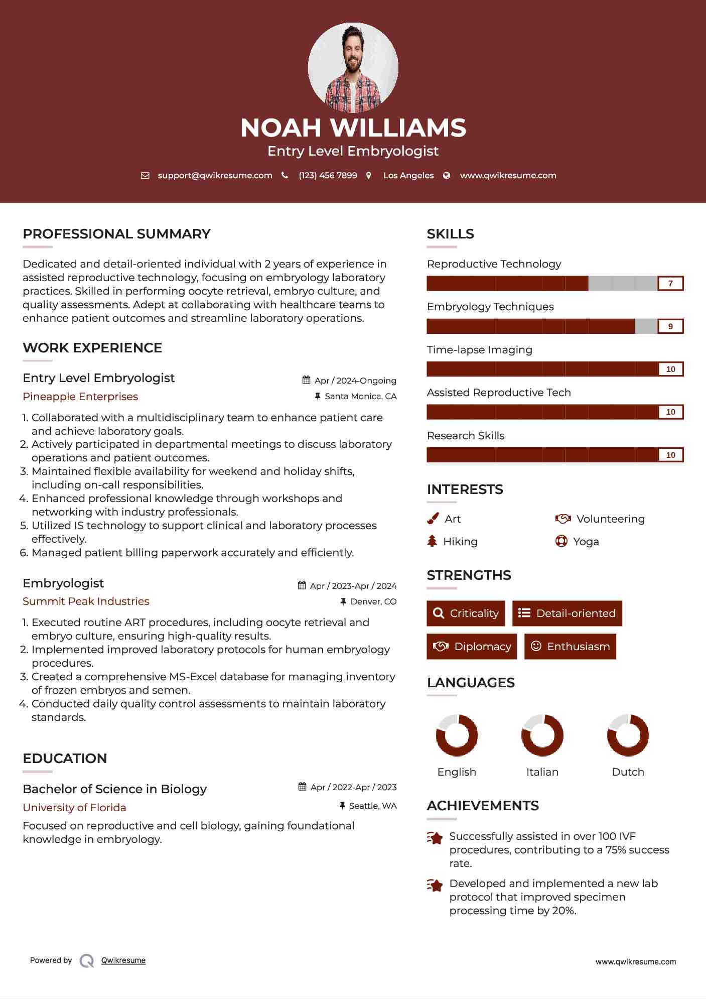 Entry Level Embryologist Resume Sample
