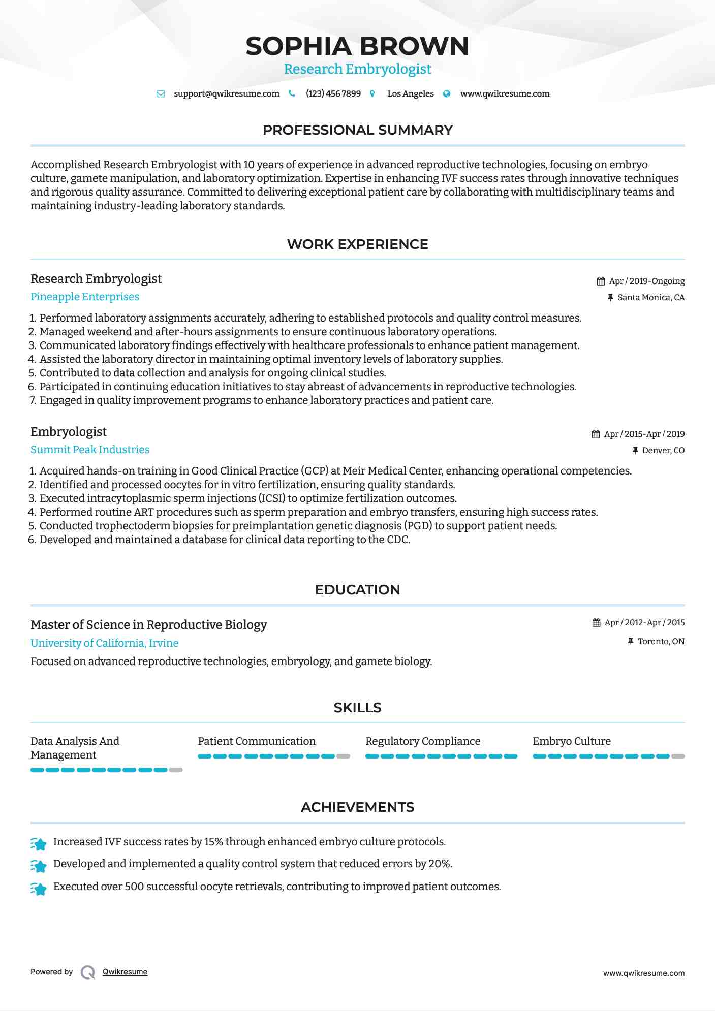Research Embryologist Resume Sample