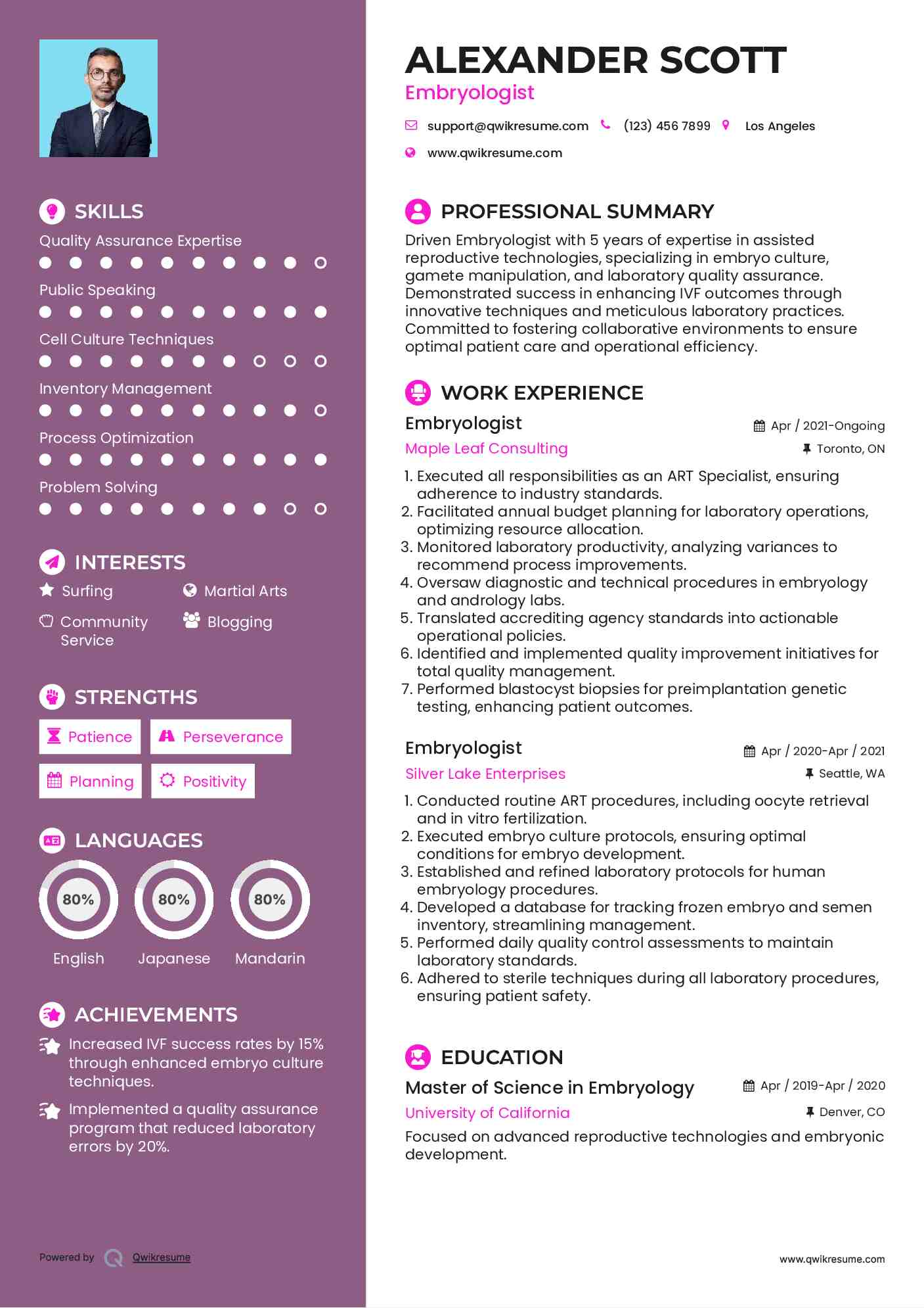 Embryologist Resume Example