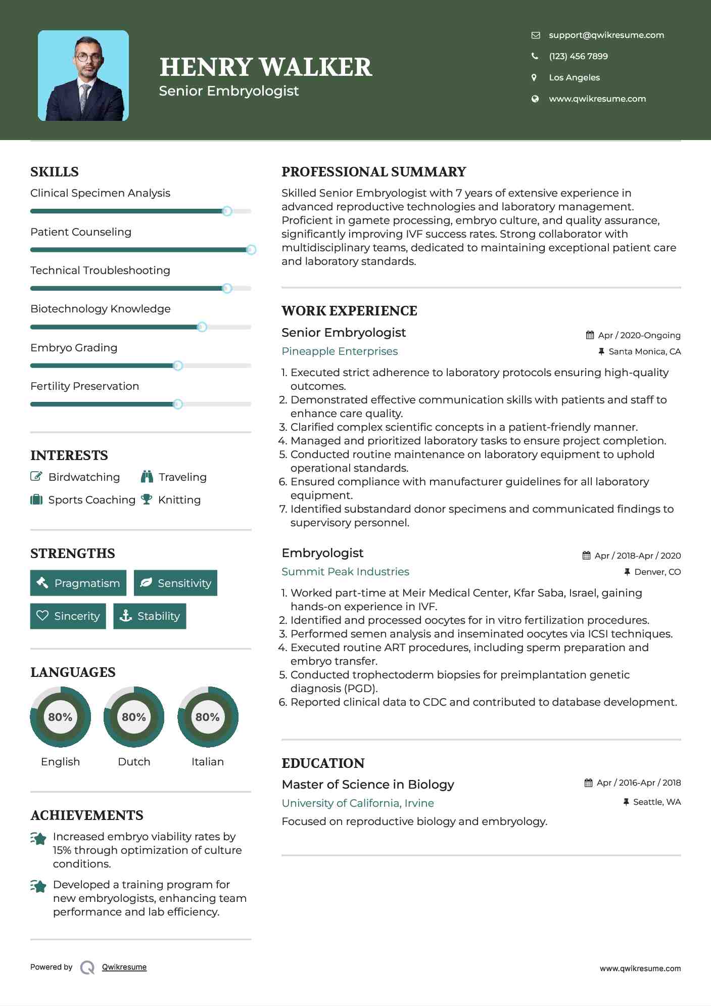Senior Embryologist  Resume Sample