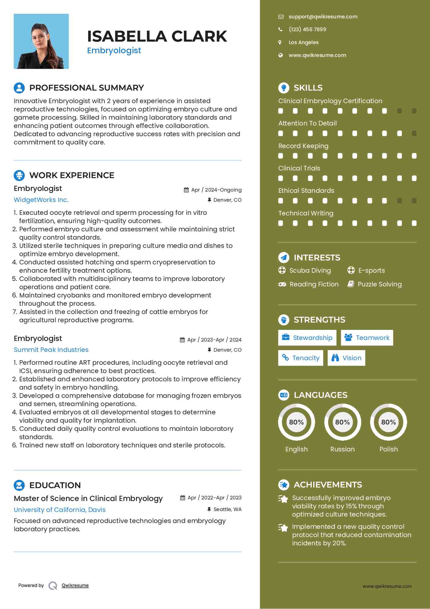 Embryologist Resume Sample