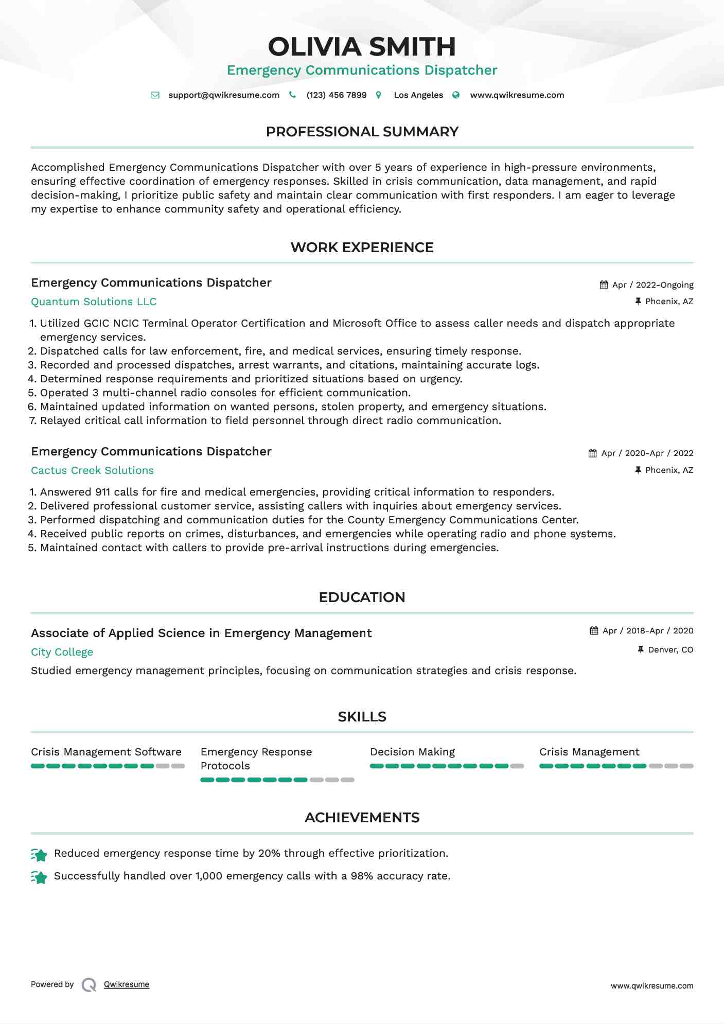 Emergency Communications Dispatcher Resume Example