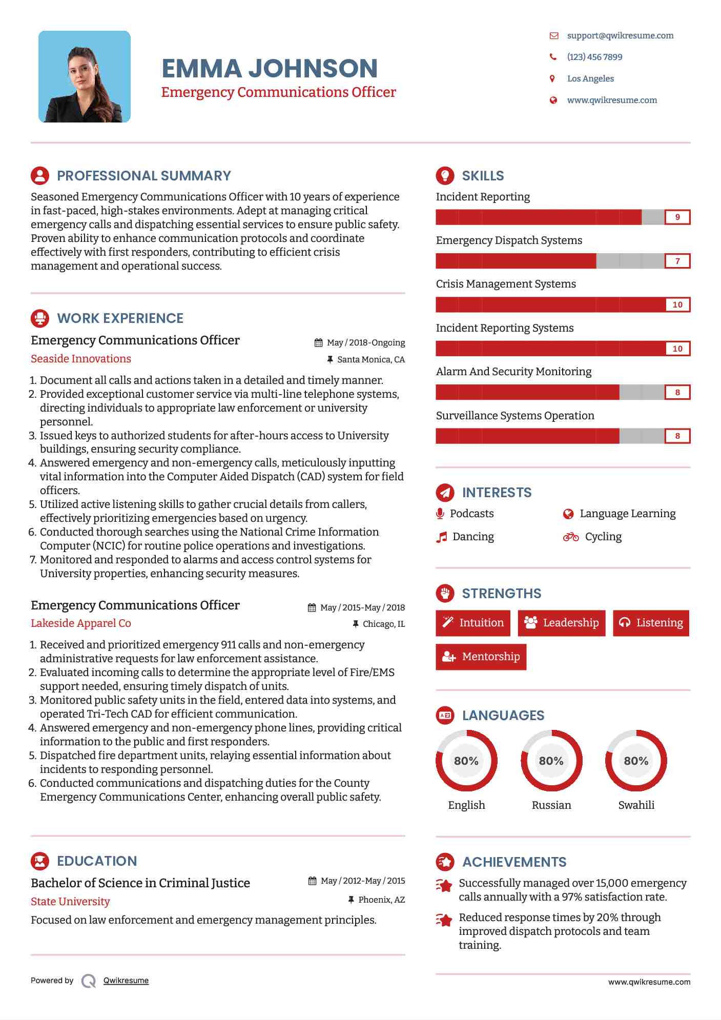 Emergency Communications Officer Resume Example