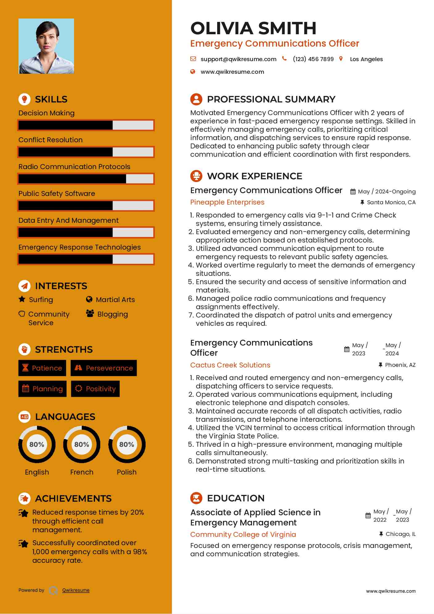 Emergency Communications Officer Resume Example