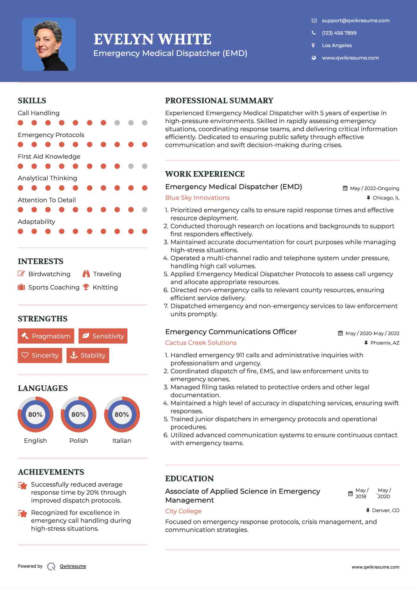 Emergency Medical Dispatcher (EMD) Resume Sample