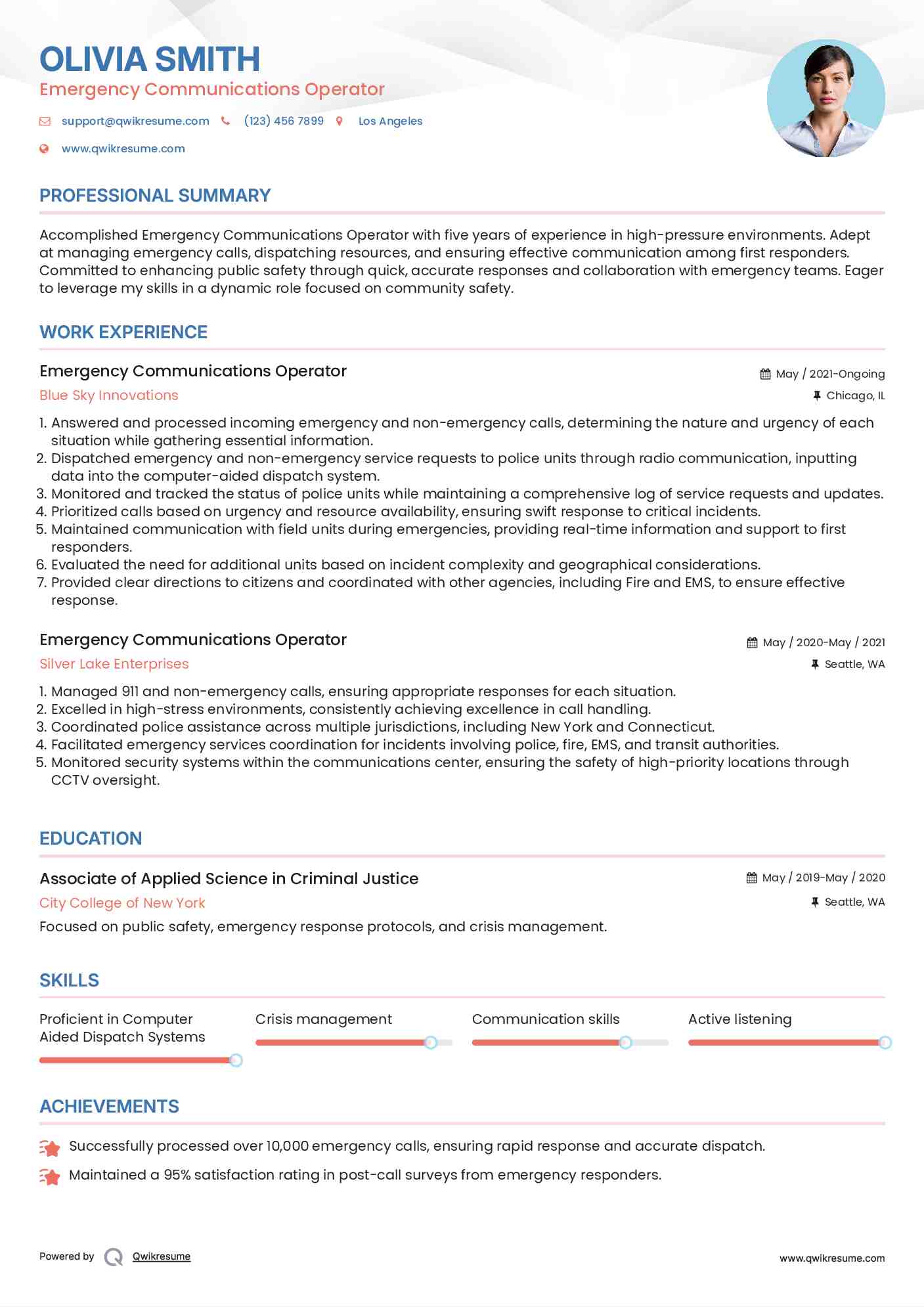 Emergency Communications Operator Resume Template