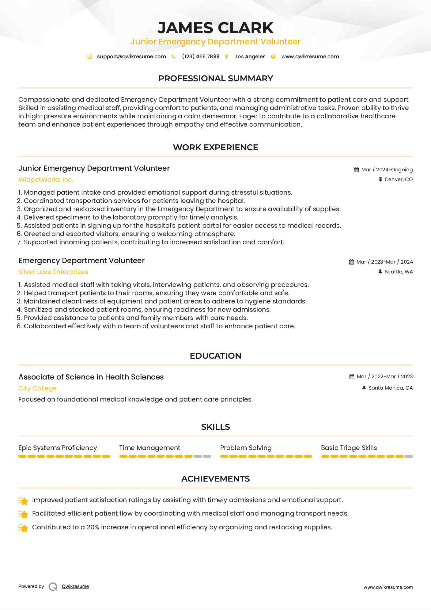 Junior Emergency Department Volunteer Resume Template