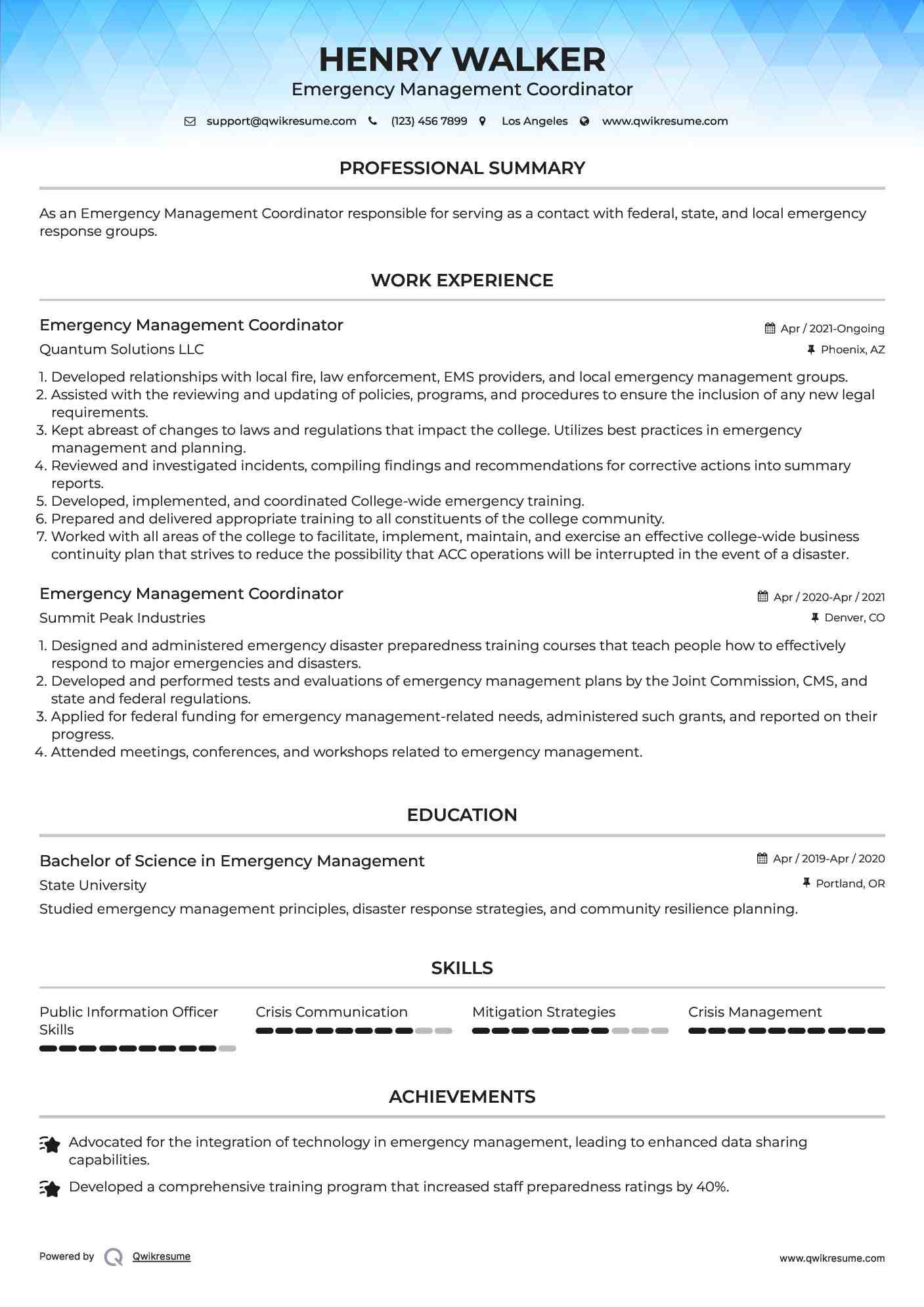 Emergency Management Coordinator Resume Model