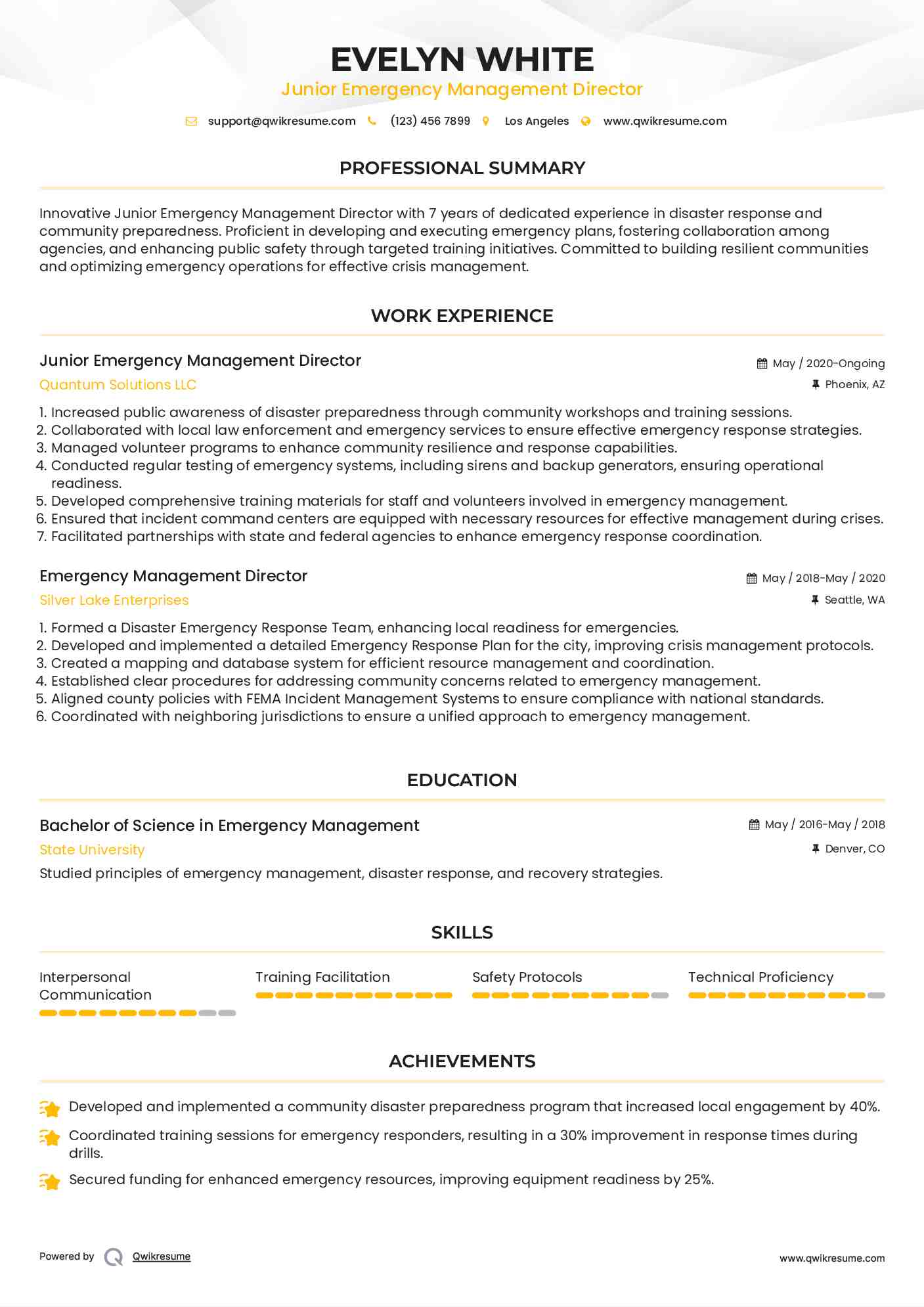 Junior Emergency Management Director Resume Format