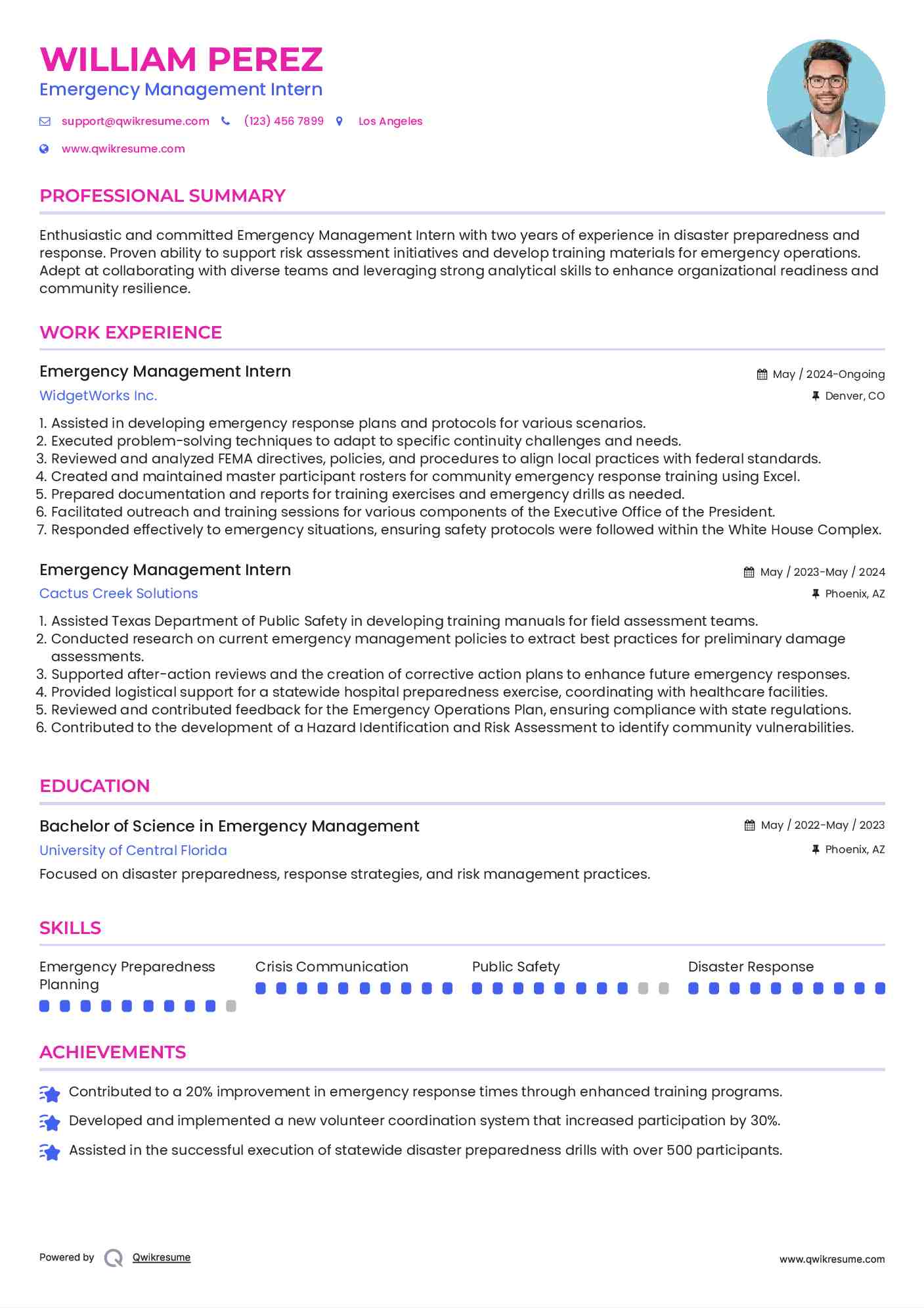 Emergency Management Intern Resume Template