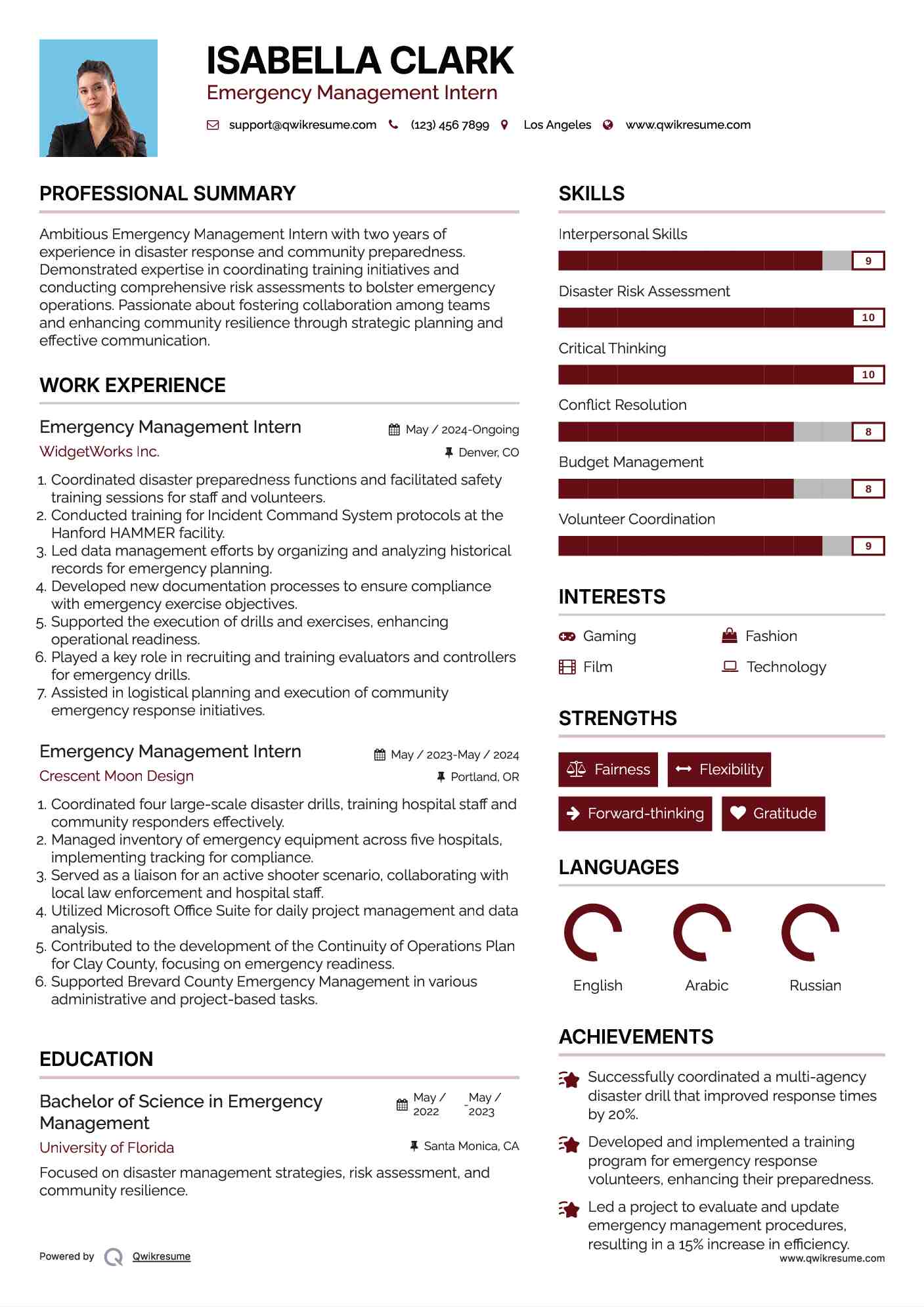 Emergency Management Intern Resume Example
