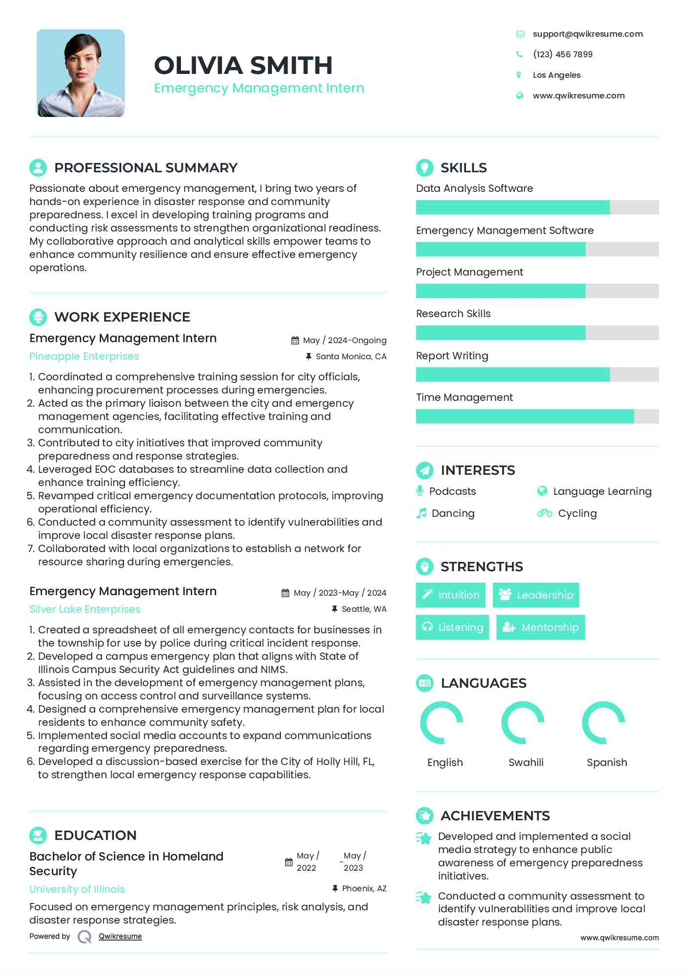 Emergency Management Intern Resume Sample