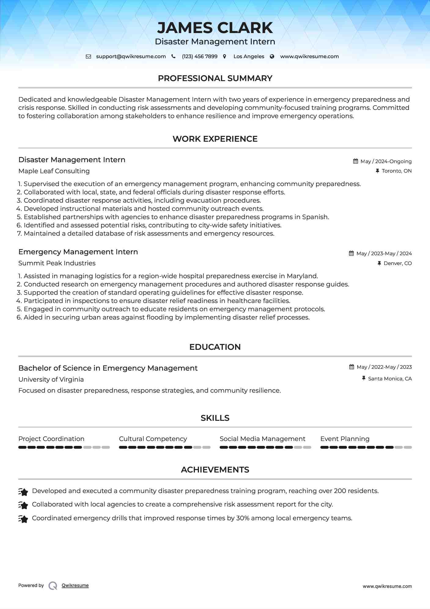 Disaster Management Intern Resume Template