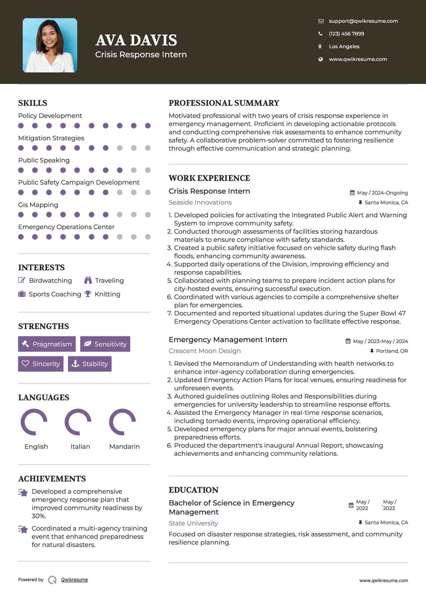 Crisis Response Intern Resume Sample