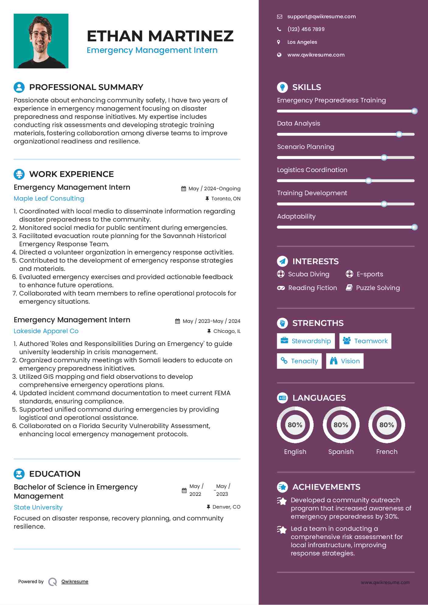 Emergency Management Intern Resume Model